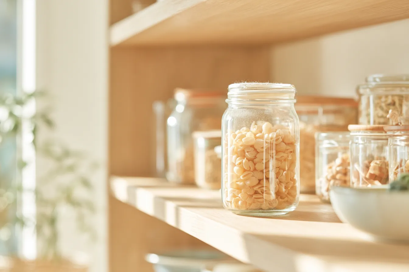 一罐義大利麵靜靜放在木質食物櫃層架上,罐口邊緣可見一層薄薄的灰塵,陽光灑落,其餘罐子退至模糊背景,示意容易被忽略的食材